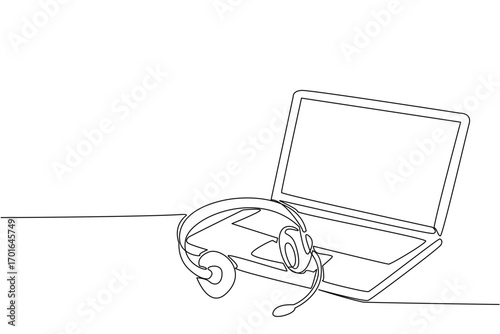 Single one line drawing headphones with mic on top of an open laptop. Break time on a very busy day. Current technology. International Customer Support Day. Continuous line design graphic illustration