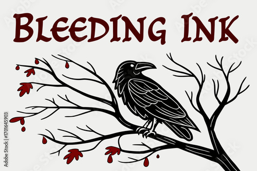 Black Raven Perched on Bleeding Ink Tree Branch.