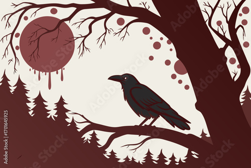 Black Raven Perched on Snowy Tree Branch.