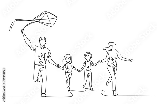 Single continuous line drawing front view, happy family playing kites outdoors. Welcoming a pleasant sunset. Without gadgets. Vacation. International Family Day. One line design vector illustration