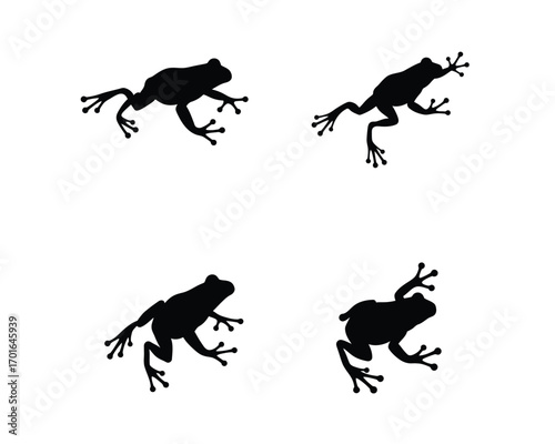 Four silhouettes of frogs in various dynamic poses against a white background illustrating movement and agility