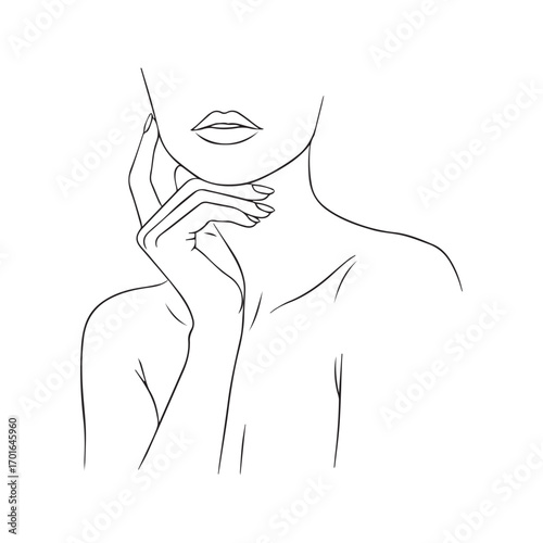 Abstract faceless woman portrait, minimalist line art. Elegant female silhouette with hand on face, beauty and skincare concept vector illustration.
