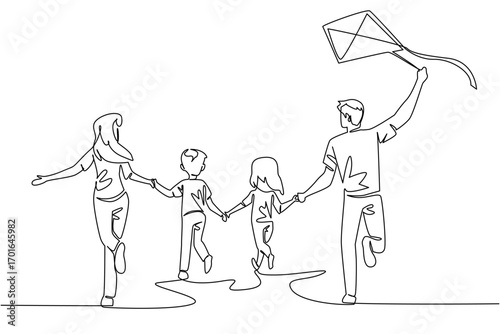 Continuous one line drawing back view, happy family playing kites outdoors. Forget the gadgets, play together. Holiday. Hobby. International Family Day. Single line draw design vector illustration
