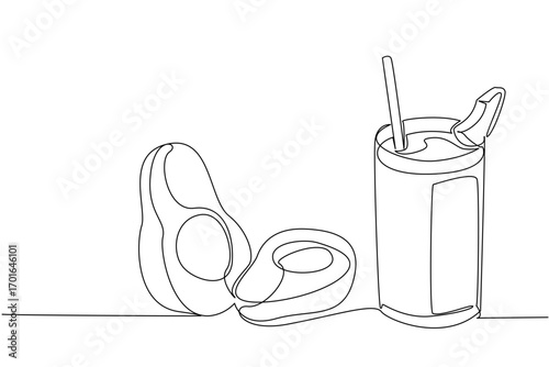 Single one line drawing glass of avocado juice with straw and avocado slices on top of glass. A delicious drink to maintain heart. National Juice Slush Day. Continuous line design graphic illustration