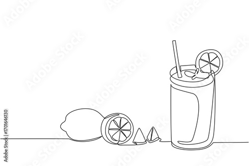 Single continuous line drawing a glass of lemon juice with a straw and leaves and lemon slices on top of the glass. Fresh summer drinks. National Juice Slush Day. One line design vector illustration
