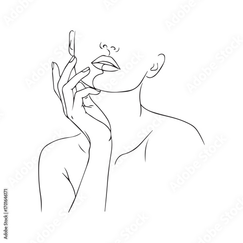 Abstract faceless woman portrait, minimalist line art. Elegant female silhouette with hand on face, beauty and skincare concept vector illustration.
