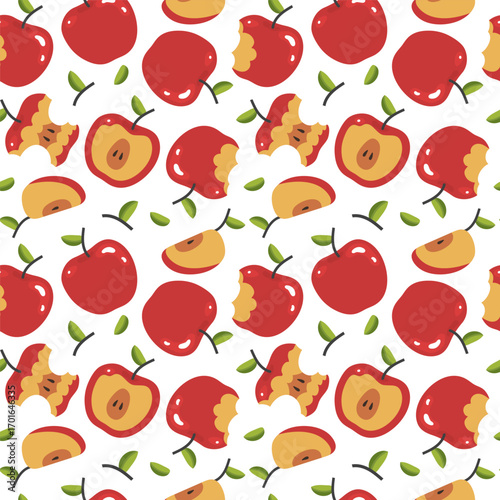 Seamless pattern with whole and bitten red apples on a white background. Vector illustration.
