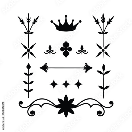 Vintage Page Decor Set with Crowns, Arrows and Elegant Floral Ornaments