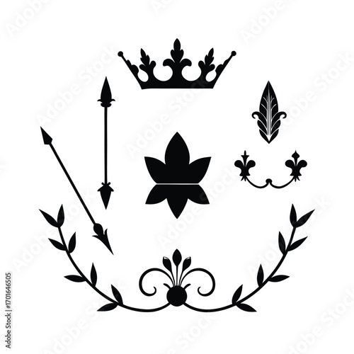Vintage Page Decor Set with Crowns, Arrows and Elegant Floral Ornaments