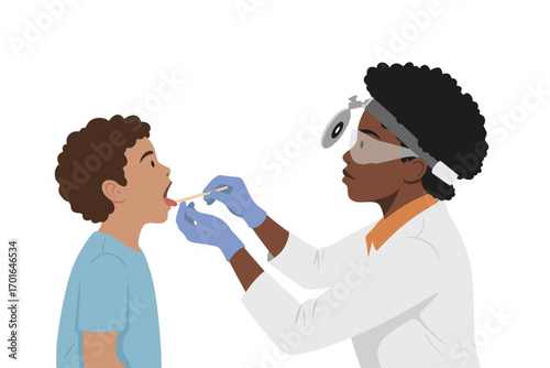 Pediatric ENT Doctor Examining Child’s Throat with Tongue Depressor and Head Mirror – Medical Checkup and Healthcare Concept
