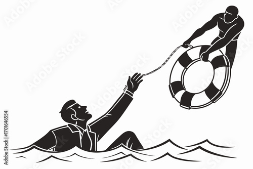 Businessman Drowning Saved by Lifebuoy Rescue.