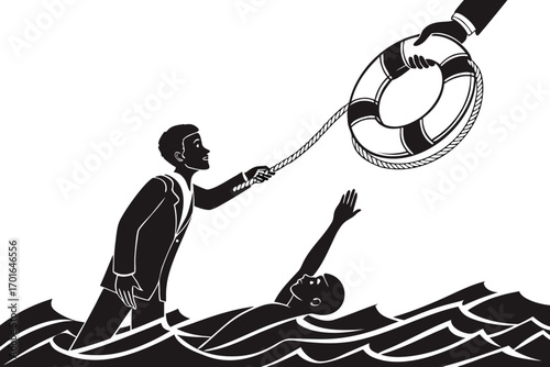 Businessman throws life preserver to drowning man.