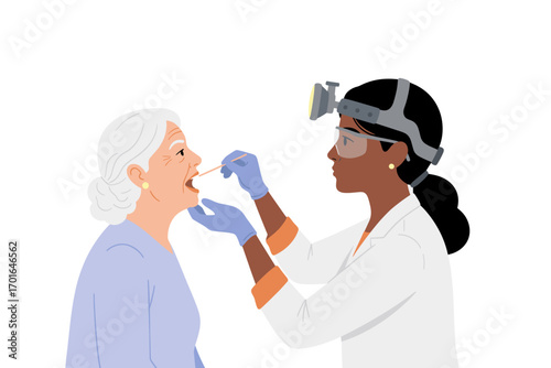 Female Doctor Performing Throat Examination on Elderly Woman Patient in Healthcare Clinic – Medical Checkup and Senior Health Care Concept"