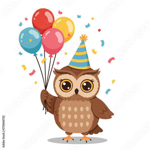 A joyous cute owl, illustrated in a vibrant 2D flat vector style, celebrates with a colorful party hat, bright balloons, and falling confetti on a clean white background.