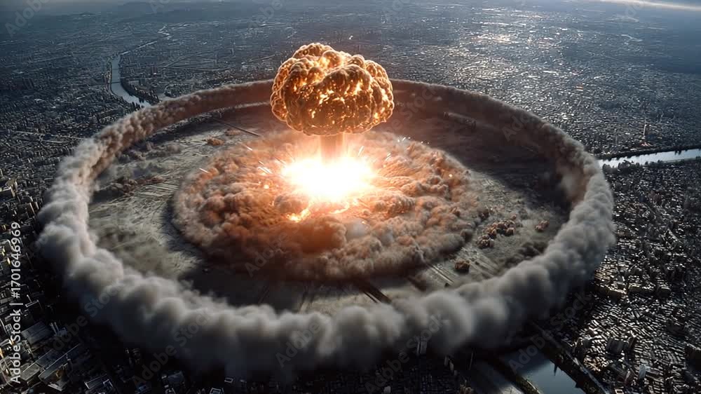 An aerial view of a catastrophic thermonuclear explosion over a sprawling metropolis, with a fiery mushroom cloud and a devastating shockwave.