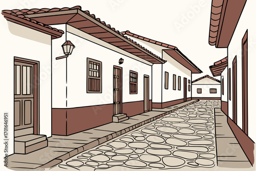 Charming Cobblestone Street with Traditional Buildings.