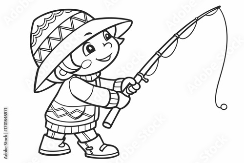 Cheerful cartoon child fishing with a rod.