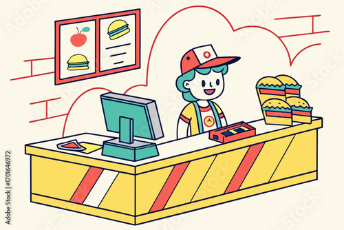Cheerful Cartoon Cashier Serving Burgers at Counter.
