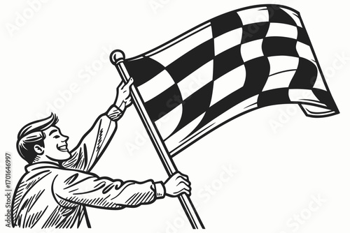 Cheerful Person Waving Racing Checkered Flag.