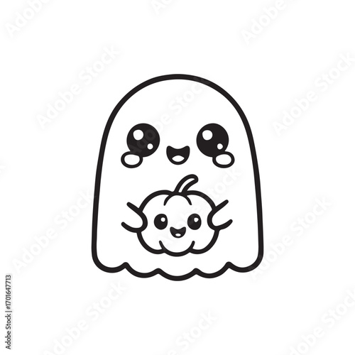 This adorable Halloween illustration features a cheerful ghost with sparkling eyes and a scalloped edge, giving it a soft, costume-like appearance
