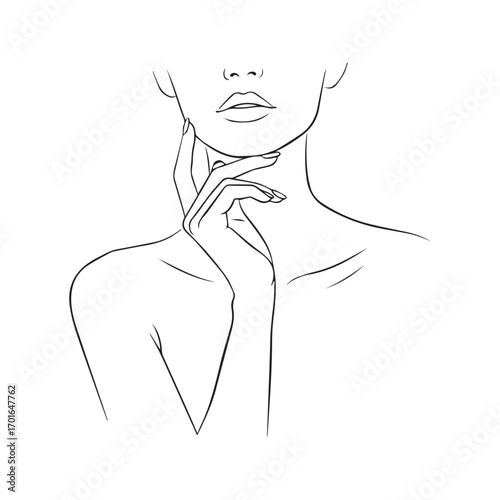 Abstract faceless woman portrait, minimalist line art. Elegant female silhouette with hand on face, beauty and skincare concept vector illustration.
