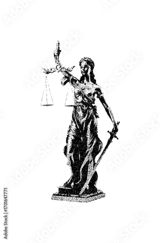 Statue of Lady Justice with Scales and Sword, Stippled Black and White