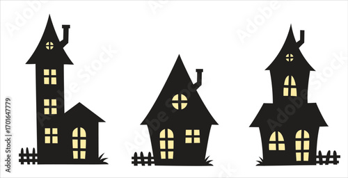 A set of haunted houses for Halloween in a black palette with yellow windows, cute and slightly spooky style. Perfect for kids holiday decorations, stickers, print projects, and festive designs.