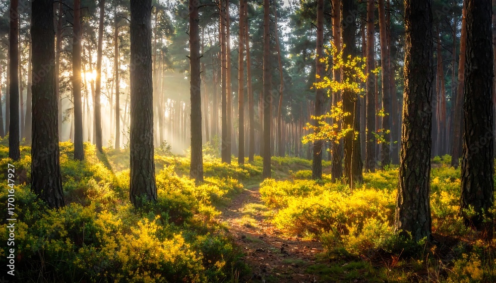 Fototapeta premium Sunlight streams through a misty pine forest, illuminating a path carpeted with golden undergrowth.
