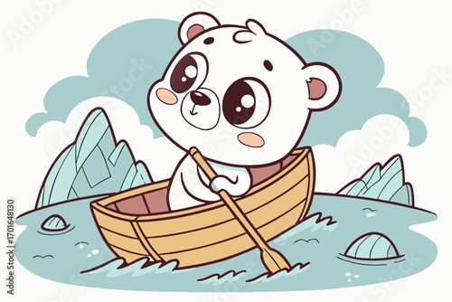 Cute cartoon polar bear rowing a boat.
