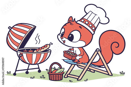 Cute Squirrel Chef Grilling Hot Dog at Barbecue.