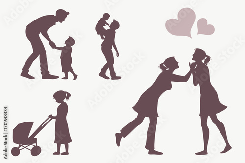Diverse Family Moments Silhouettes with Hearts.