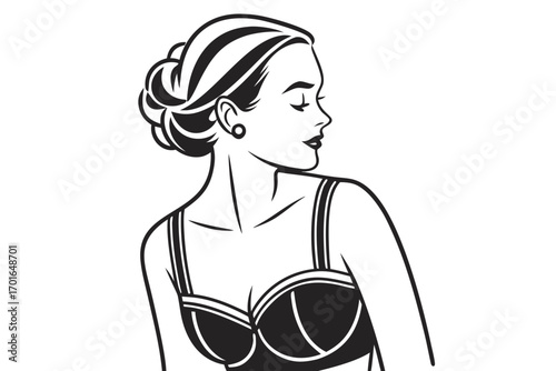 Elegant Woman Portrait Black and White Line Art.