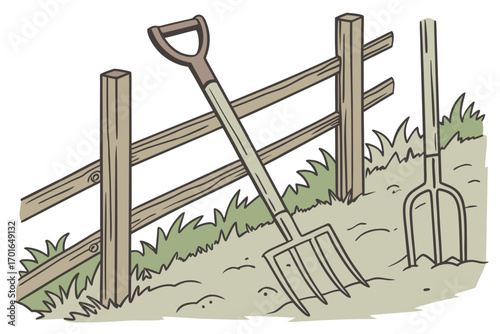 Garden Tools Resting by Wooden Fence.