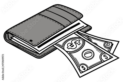 Gray wallet with dollar bills peeking out.