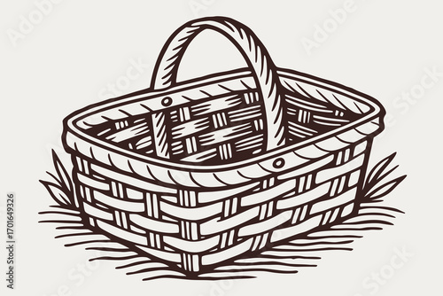 Handdrawn Woven Basket with Handle and Grass.