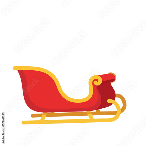 Red and gold Christmas sleigh illustration on white background. Festive vector design element for holiday decorations, cards, invitations, or winter theme projects