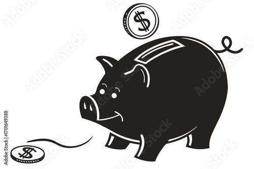 Happy Piggy Bank Saving Dollar Coins.