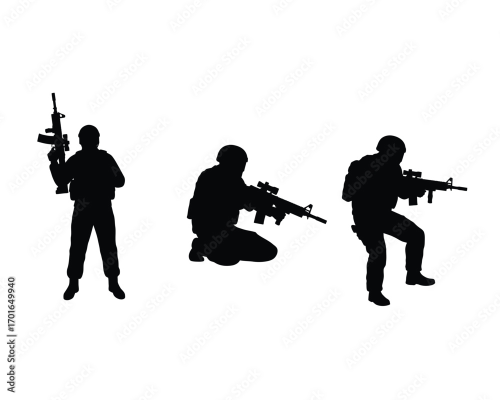 Obraz premium Silhouette of three soldiers in tactical gear holding assault rifles in different combat stances against a white background