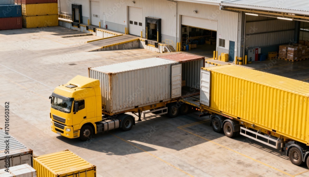Naklejka premium Freight Truck with Cargo Container Ready for Delivery at a Loading Dock - Transportation Industry