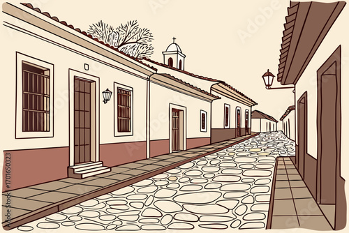 Old Cobblestone Street with Colonial Buildings.
