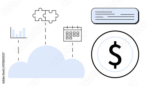 Cloud connecting chart, puzzle, calendar, dollar sign, and text line. Ideal for finance, technology, cloud computing teamwork planning analytics business solutions. Simple flat metaphor