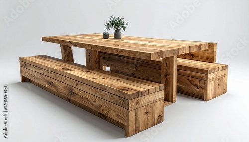 Versatile modular dining set with detachable benches and expandable surfaces, finished in smooth oak and matte accents
