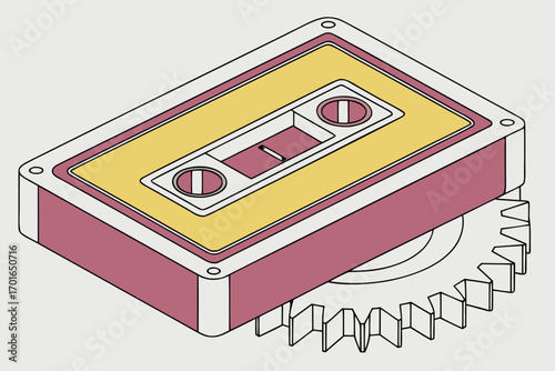 Retro Cassette Tape with Industrial Gear Mechanism.