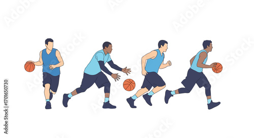 Four men dribbling basketballs in sequence, illustrating dynamic movement and athletic action