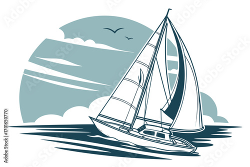 Sailboat sailing on the ocean with birds.