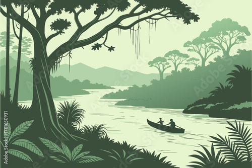 Serene Amazon River Journey with Canoeists.