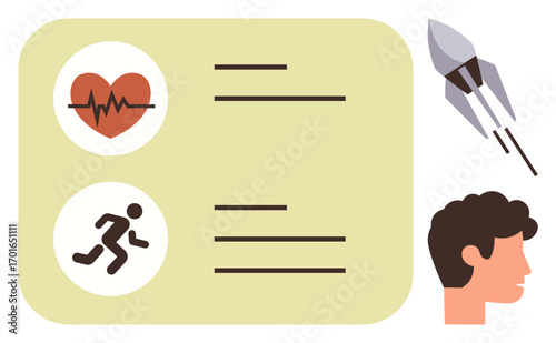 Card layout highlights heart health and fitness icons alongside a head profile and a rocket. Ideal for wellness, innovation, goal-setting, personal growth, health apps, fitness tools, simple flat
