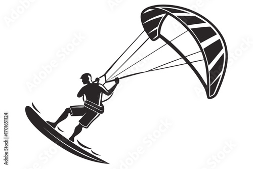 Silhouette of a Kitesurfer Riding a Wave.