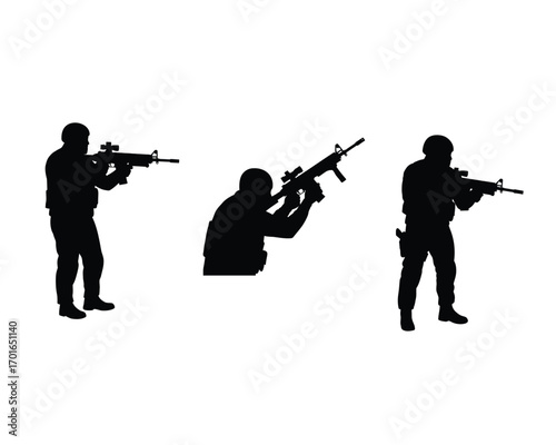 Silhouette of three soldiers in tactical gear holding assault rifles in various combat ready poses against a white background