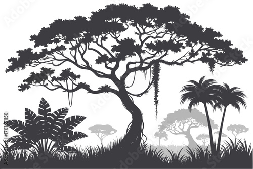 Silhouette of a Lush Tropical Jungle Landscape.